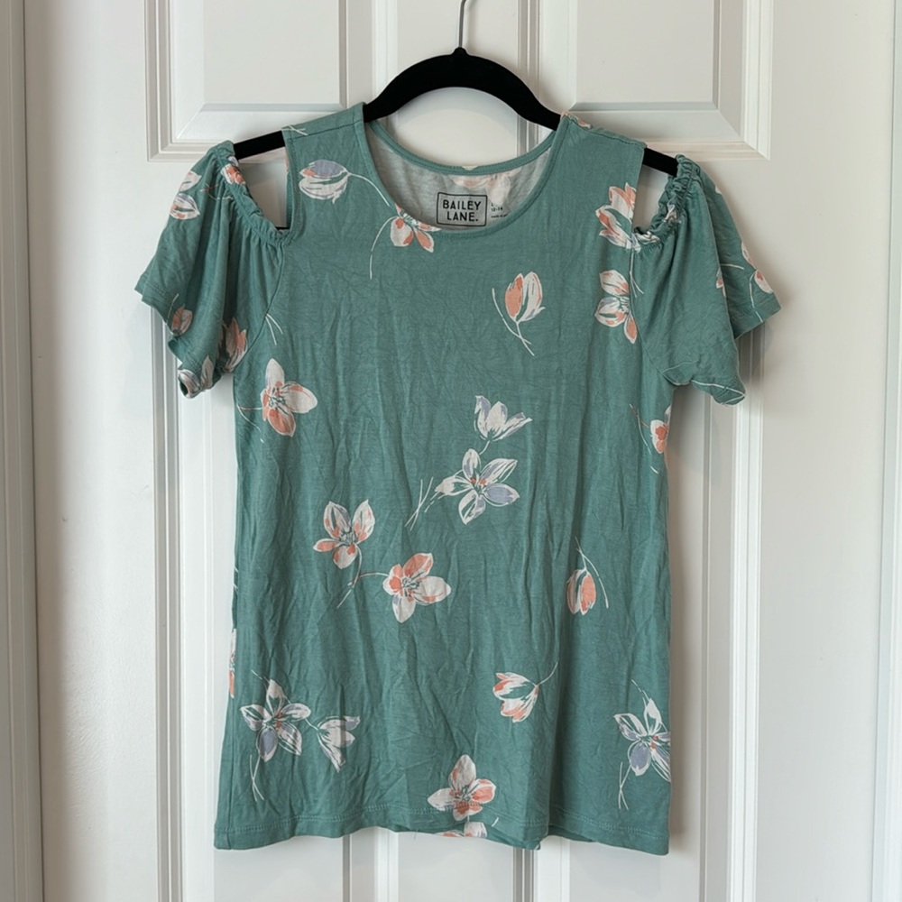 Bailey‎ Lane Cold Shoulder Floral Shirt - Girls Sz Large 12-14 - Green